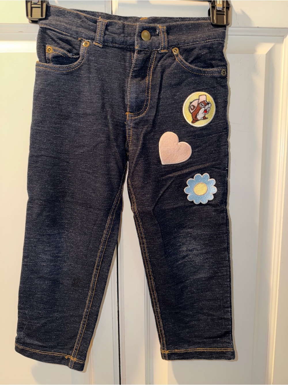 Buc-ees Girls Dark Wash Denim Leggings with Pink Heart & Blue Daisy Patches